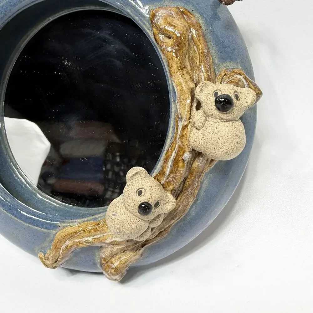 Small Studio Pottery Decorative Mirror 3D Sculpted Koalas on Branch Blue 7